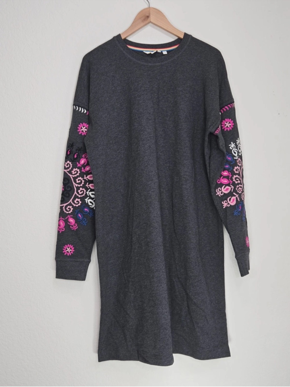 BODEN Jasmine Sweatshirt Dress Charcoal Marl Embroidered Size 14 LONG Womens